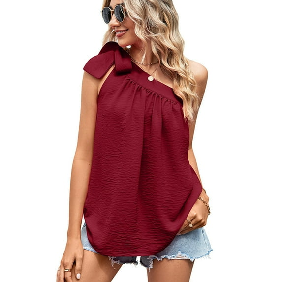 Summer Saving Usmisi Tank Tops Solid Crewneck Sleeveless T Shirts for Women Summer Tie One Shoulder Soft Linen Vest Blouse Wine XL Up to 65% off