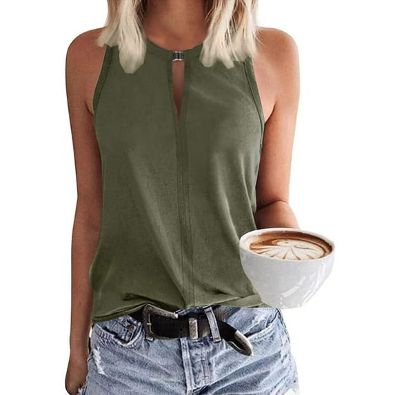 Summer Saving Usmisi Tank Tops Solid Round Neck Sleeveless T Shirts for Women Comfy Loose Hollowed Racerback Tank Blouse Army Green S Up to 65% off