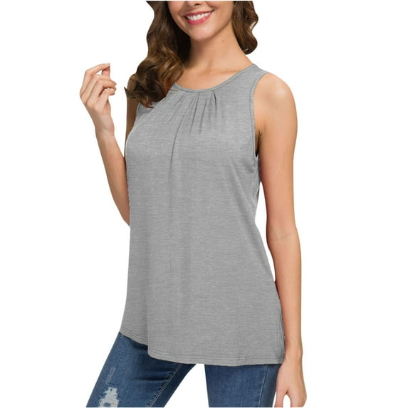 Summer Saving Usmisi Tank Tops Solid Round Neck Sleeveless T Shirts for Women Summer Basic Smocked Lightweight Vest Blouse Gray XL Up to 65% off