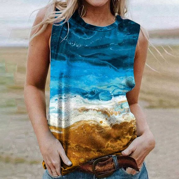 Summer Saving Usmisi Tank Tops Sunflower Print Crewneck Sleeveless T Shirts for Women Plus Size Casual Summer Racerback Vest Blouse Blue M Up to 65% off