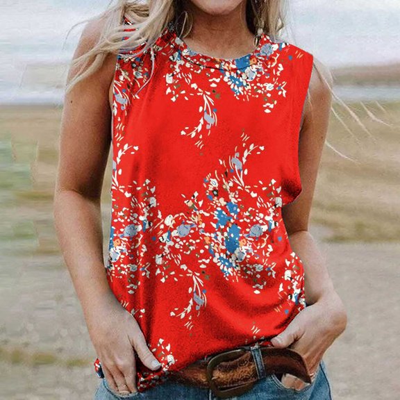 Summer Saving Usmisi Tank Tops Sunflower Print Crewneck Sleeveless T Shirts for Women Plus Size Casual Summer Racerback Vest Blouse Red L Up to 65% off