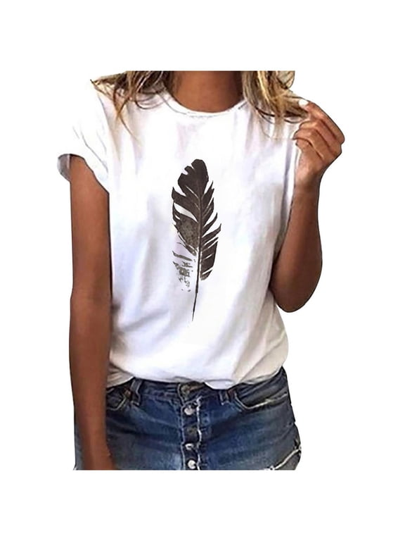 Summer Women Feather Print Tee Shirt,Feather Tops for Women,Womens Summer Y2k Top Feather Print Short Sleeve Round Neck Tee Shirts Cropped Cute Top Blouse Workout Tshirts Loose Fit Pullover