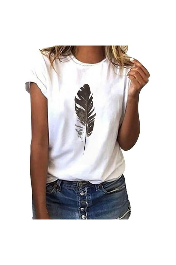 Summer Women Feather Print Tee Shirt,Feather Tops for Women,Womens Summer Y2k Top Feather Print Short Sleeve Round Neck Tee Shirts Cropped Cute Top Blouse Workout Tshirts Loose Fit Pullover
