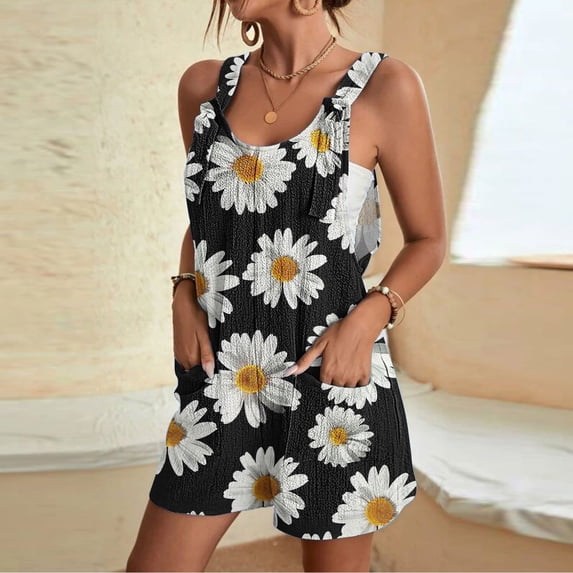 Summer Women's Bike Shorts Jumpsuit,Tie Dye Shorts Romper Women 2025,Floral Shorts Jumpsuit for Women Plus Size,Casual Round Neck Sleeveless Jumpsuit Suspender Shorts for Women with Pocket