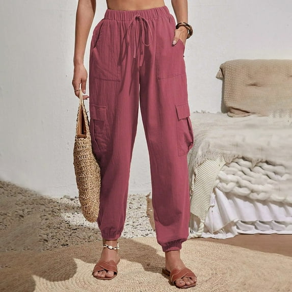 Summer Women's Cargo Wide Leg Pants Casual Pant,Wide Leg Pants Women Dressy Elastic Waist,Women's Summer Hundred Solid Color Pocket Casual Work Women's Pants Leisure Pants Trousers