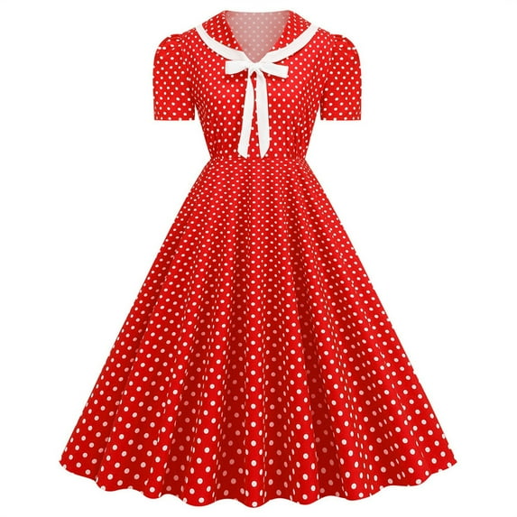 Summer Saving Womens Dresses Cocktail Party Prom Empire Waist Flowy Pleated Swing Vintage 1950S Dresses with Bow-Knotted Summer Polka Dot Print V-Neck Short Sleeve Formal Midi Dress Red s