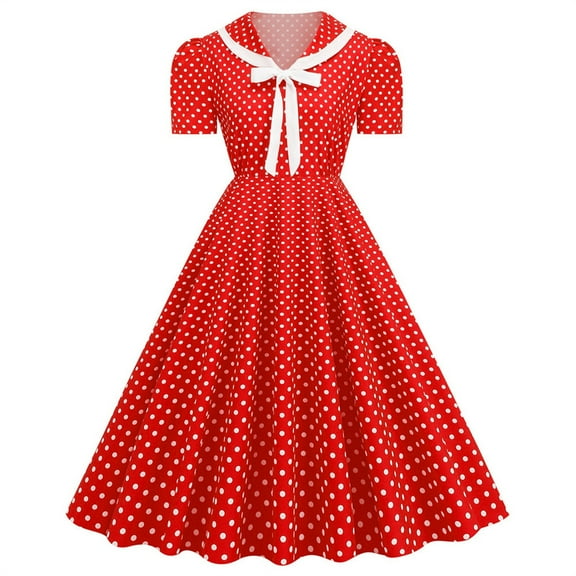 Summer Saving Womens Dresses Cocktail Party Prom Empire Waist Flowy Pleated Swing Vintage 1950S Dresses with Bow-Knotted Summer Polka Dot Print V-Neck Short Sleeve Formal Midi Dress Red l