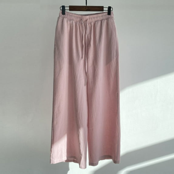 Womens Pants Cotton Linen Pants for Women Casual Solid Plus Size Loose Straight Leg Long Pants Elastic Waist Drawstring Ladies Pocket Leisure Trousers Fall