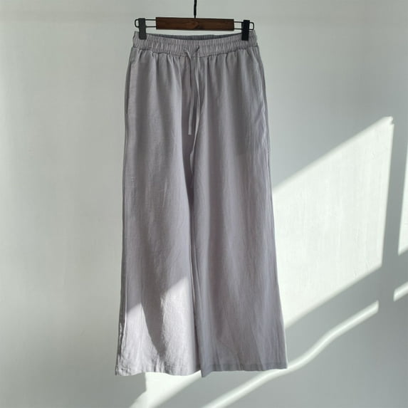 Womens Pants Cotton Linen Pants for Women Casual Solid Plus Size Loose Straight Leg Long Pants Elastic Waist Drawstring Ladies Pocket Leisure Trousers Fall