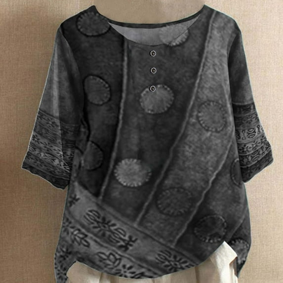 Summer Saving Womens Tops Dressy Casual Breathable Comfy Trendy Button up Vintage Western Graphics Plus Size Tees Shirts Summer Short Sleeve Crewneck Tops Geometric Print Blouse Gray XXXL