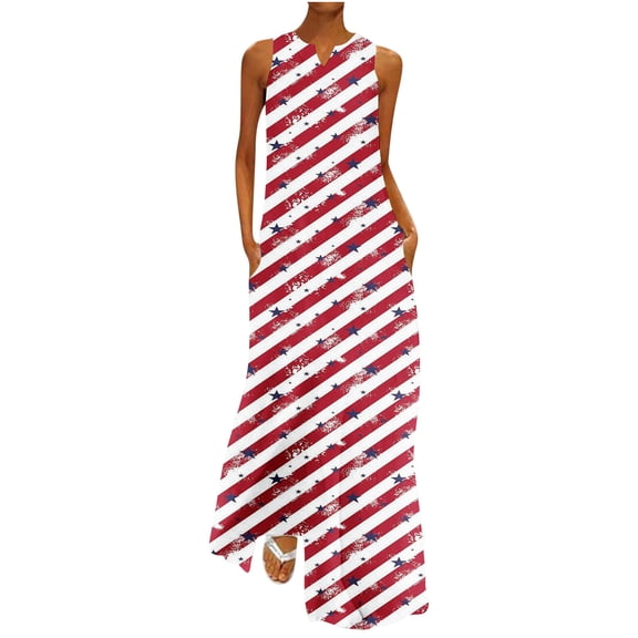 Summer Saving Wycnly 4th of July Dresses for Women Fashion Independece Day Graphics Patriotic Loose Pocket Tank Maxi Dresses Sleeveless V-Neck Balloons Print Summer Long Formal Dress Green l