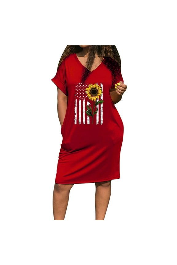 4th of July Dresses for Women Independece Day Fashion Patriotic Pocket Tunic Tshirt Dresses Short Sleeve V-Neck USA Flag Sunflower Print Summer Knee-Length Formal Dress Red xxl