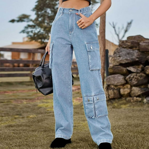 Summer Saving Wycnly Cargo Pants for Women Denim Pants for Women Button Down Mid Waist Fashion Cargo Long Pants Casual Solid Loose Straight Leg Jean Trousers with Pocket Under $5