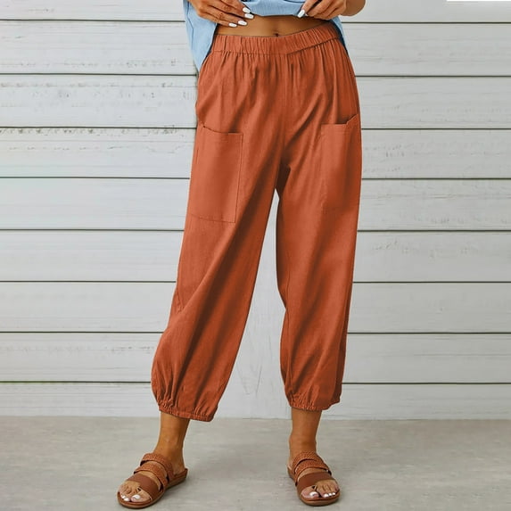 Summer Saving Wycnly Clearance Deals Pants for Women Jogger Pants for Women Casual Summer Solid Elastic Waist Loose Long Pants Leisure Cotton Linen Breathable Ladies Trousers with Pocket Under $5