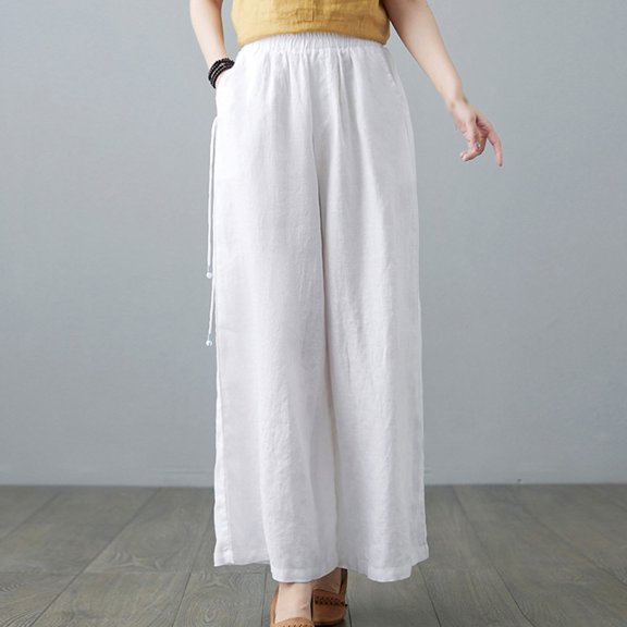 Wycnly Pants for Women Trousers for Women Fashion Drawstring Elastic Waist Loose Straight Leg Pants Vintage Cotton Linen Casual Ladies Long Pants with Pocket