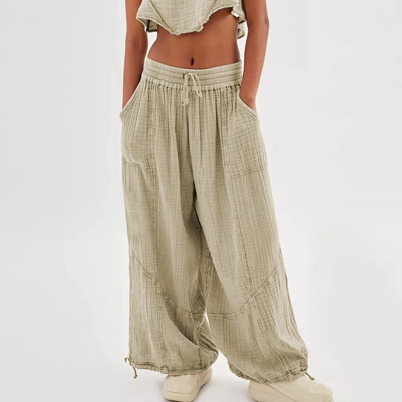 Wycnly Pants for Women Womens High Waist Trousers Vintage Linen Solid Drawstring Loose Wide Leg Pants Casual Elastic Waist Palazzo Pants with Pocket