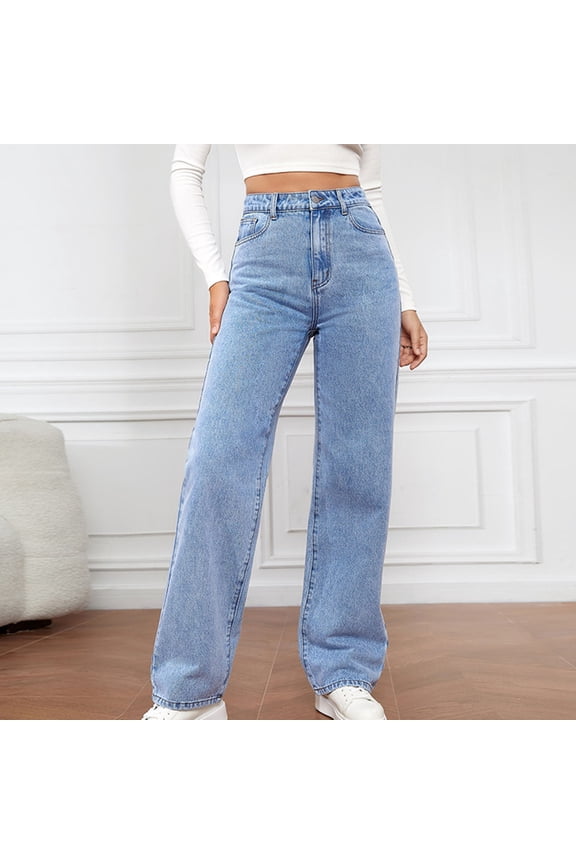 Summer Saving Wycnly Denim Pants for Women Womens Stretchy Jeans Trendy Button High Waist Denim Flare Pants Ladies Girls Fashion Solid Loose Wide Leg Long Pants Trousers with Pocket Under $5