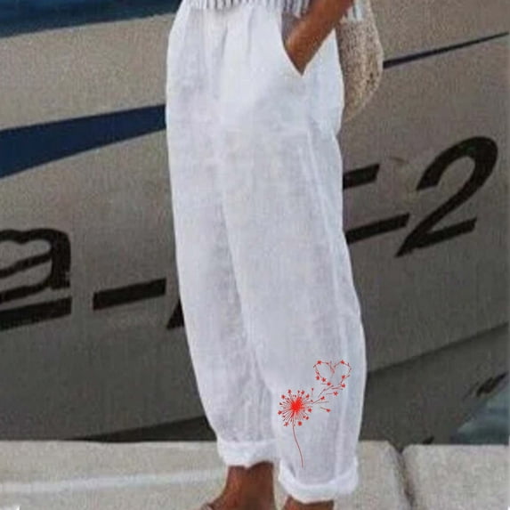 Summer Saving Wycnly Harem Pants for Women Elastic Waist Pants for Women Fall Vintage Dandelion Print Cotton Linen Long Pants Plus Size Casual Pocket Straight Leg Trousers Under $5