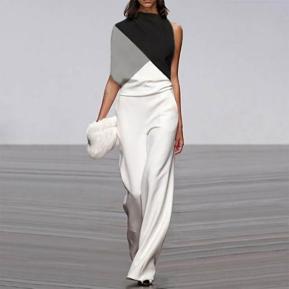 Wycnly Womens Jumpsuits Business Casual Elastic Waist Maxi Jumpsuits Summer Trendy Color Patchwork Crewneck Sleeveless Long Rompers for Women