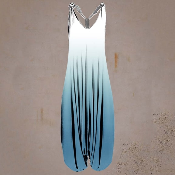 Wycnly Womens Jumpsuits Casual Summer Loose Baggy Backless Strap Long Jumpsuits Trendy Gradient Print V-Neck Sleeveless Maxi Rompers for Women