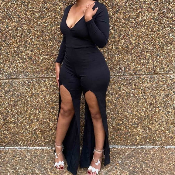 Wycnly Womens Jumpsuits Fall Sexy Slit Bodycon Party Club Long Jumpsuits Trendy Solid V-Neck Long Sleeve Maxi Rompers for Women