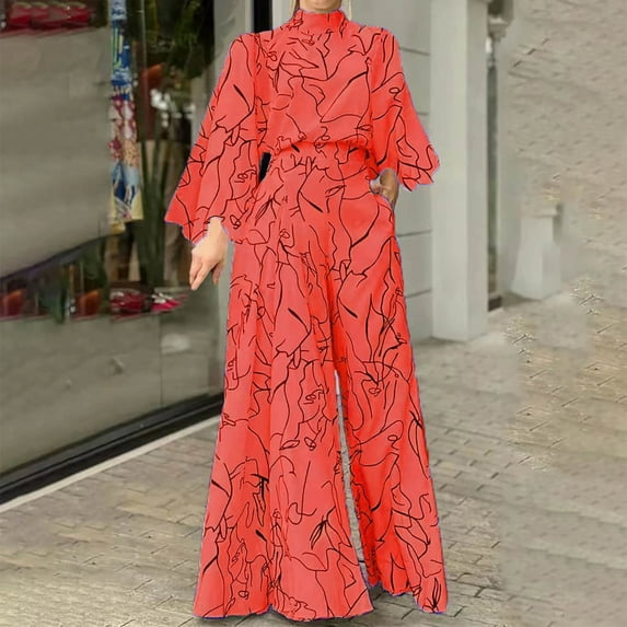 Summer Saving Wycnly Womens Jumpsuits Fashion Business Empire Waist Plus Size Loose Wide Leg Long Jumpsuits Trendy Striped Print Half High Neck Long Sleeve Maxi Rompers for Women