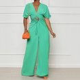 thumbnail image 1 of Wycnly Womens Jumpsuits Sexy Hollowed Drawstring Waist Wide Leg Long Casual Jumpsuits Trendy Solid V-Neck Short Sleeve Maxi Rompers for Women, 1 of 7