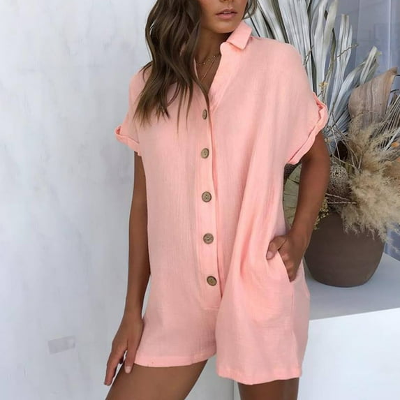 Wycnly Womens Jumpsuits Summer Casual Cotton Linen Button Down Shirt Short Jumpsuits Trendy Solid V-Neck Short Sleeve Mini Rompers for Women