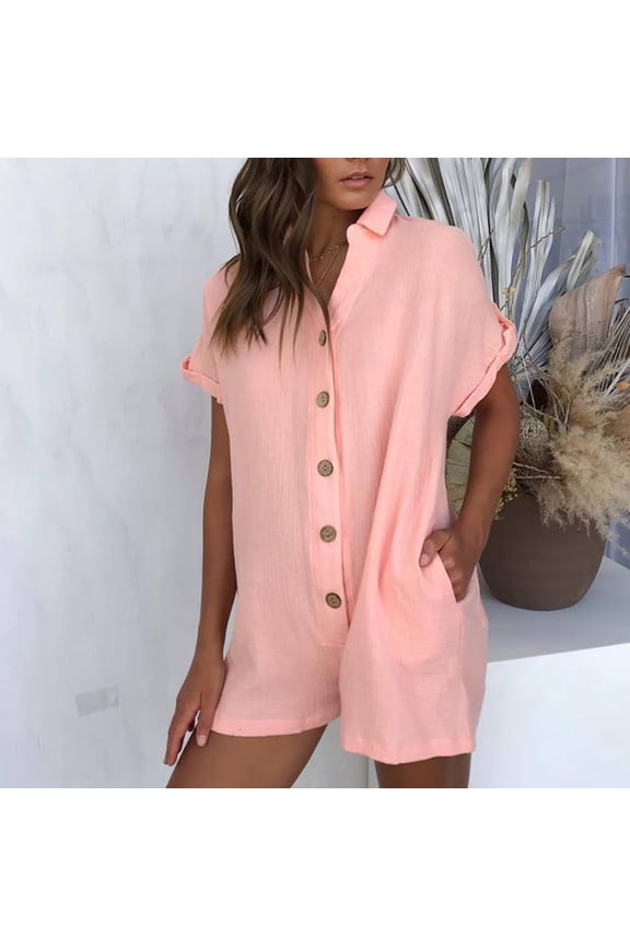 Womens Jumpsuits Summer Casual Cotton Linen Button Down Shirt Short Jumpsuits Trendy Solid V-Neck Short Sleeve Mini Rompers for Women