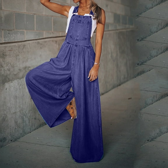 Wycnly Womens Jumpsuits Summer Casual Loose Wide Leg Vintage Stretchy Denim Strap Long Jumpsuits Overalls Trendy Solid Square Neck Sleeveless Maxi Rompers for Women