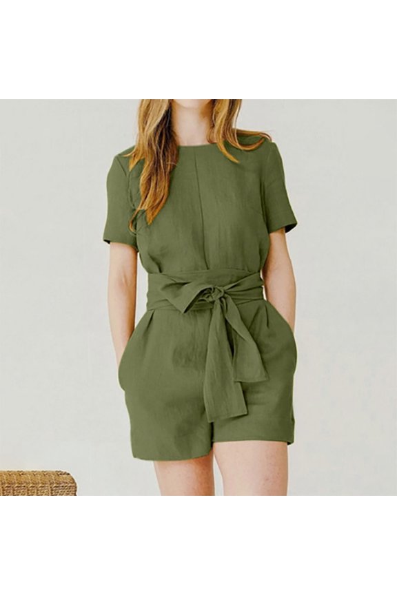 Womens Jumpsuits Vintage Cotton Linen Loose Pocket Belt Short Jumpsuits Casual Summer Trendy Solid Crewneck Short Sleeve Mini Rompers for Women