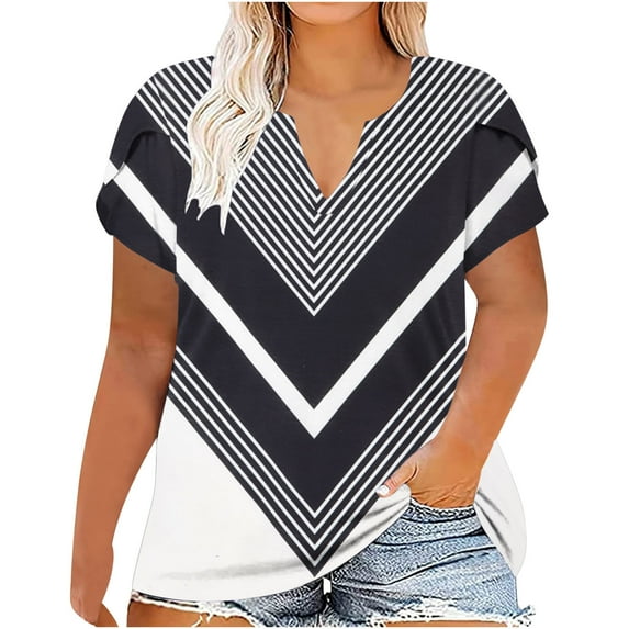 Summer Saving Wycnly Cute Tops for Women Floral Print V-Neck Short Sleeve T shirts Summer Plus Size Fashion Petal Sleeve Loose Breathable Tunic Blouses Black XXXL Clothes