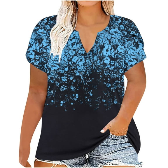 Summer Saving Wycnly Cute Tops for Women Floral Print V-Neck Short Sleeve T shirts Summer Plus Size Fashion Petal Sleeve Loose Breathable Tunic Blouses Blue XXL Under $5