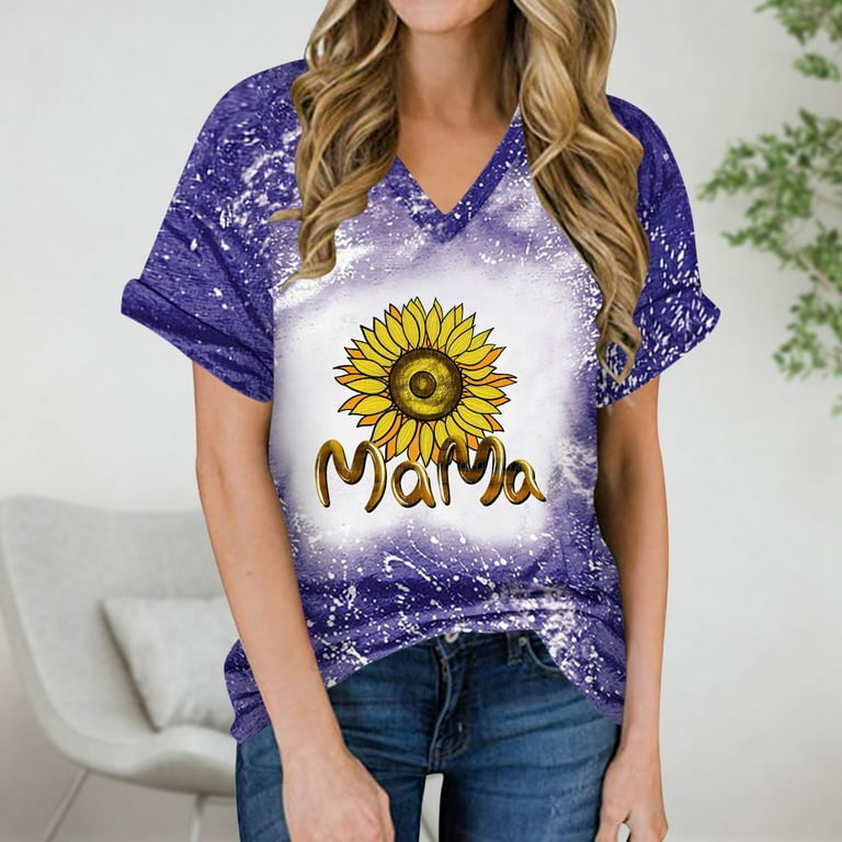 Wycnly Cute Tops for Women Short Sleeve V-Neck Sunflower Print T