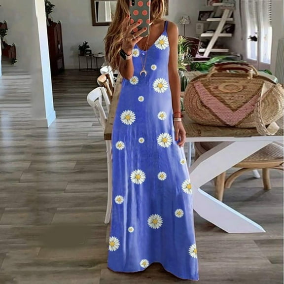Summer Saving Wycnly Dresses for Women 2024 Beach Bobo Loose Hem Spaghetti Strap Long Dresses Sleeveless V-Neck Daisy Print Summer Maxi Sun Dress Blue XL Clothes