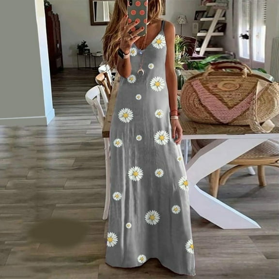 Summer Saving Wycnly Dresses for Women 2024 Beach Bobo Loose Hem Spaghetti Strap Long Dresses Sleeveless V-Neck Daisy Print Summer Maxi Sun Dress Gray XL Clothes