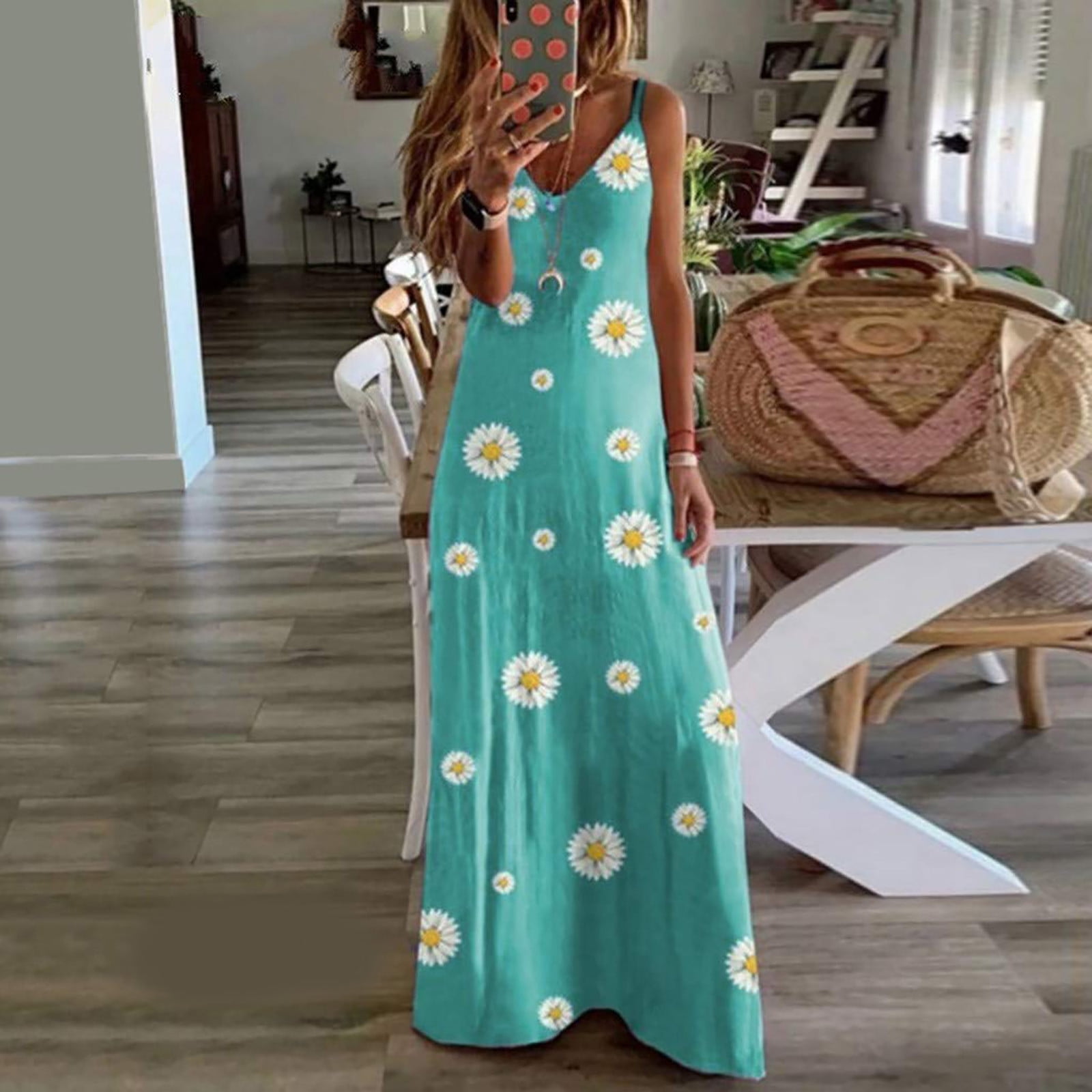 Summer Saving Wycnly Dresses for Women 2024 Beach Bobo Loose Hem Spaghetti Strap Long Dresses Sleeveless V-Neck Daisy Print Summer Maxi Sun Dress Mint