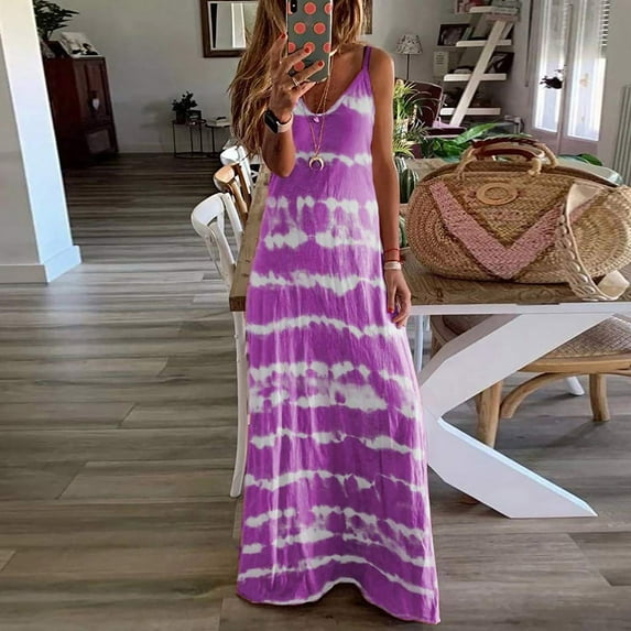 Summer Saving Wycnly Dresses for Women 2024 Beach Bohemian Spaghetti Strap Plus Size Long Dresses Sleeveless V-Neck Striped Print Summer Maxi Sun Dress Purple XXXL Up to 65% off