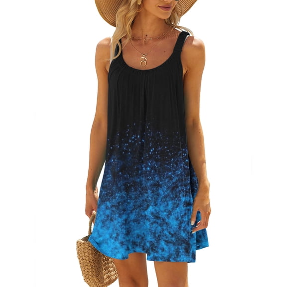 Summer Saving Wycnly Dresses for Women 2024 Beach Holiday Loose Boho Tank Mini Sun Dresses Sleeveless Round Neck Tie-Dye Summer Short Sun Dress Blue L Clothes