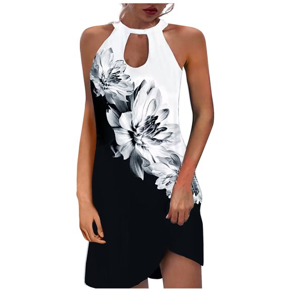 Summer Saving Wycnly Dresses for Women 2024 Beach Off Shoulder Halter Tunic Tank Short Dresses Sleeveless Round Neck Floral Print Summer Mini Formal Dress White xxxl Under $5