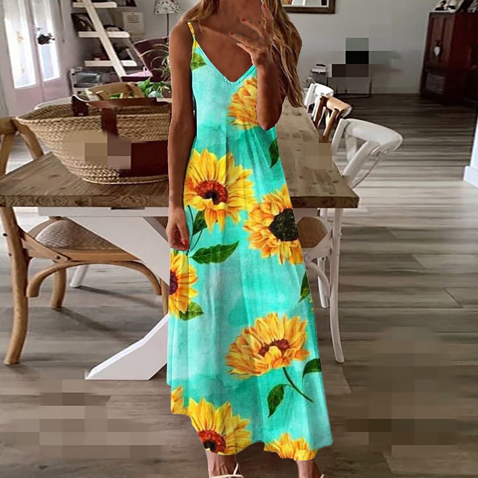 Summer Saving Wycnly Dresses for Women Casual High Waist Swing Tunic Strap  Long Sundress for Beach Sleeveless V-Neck Floral Summer Maxi Formal Dress  Blue l 