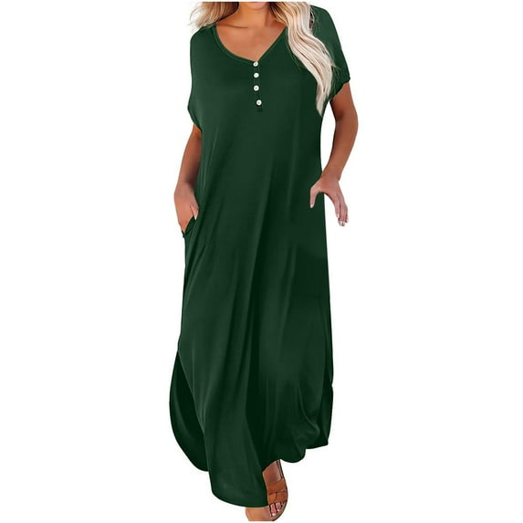 Summer Saving Wycnly Dresses for Women 2024 Button Down Loose Pocket Side Slit Swing Beach Maxi Dresses Short Sleeve V-Neck Solid Summer Long Casual Dress Green XXL Clearance Clothes
