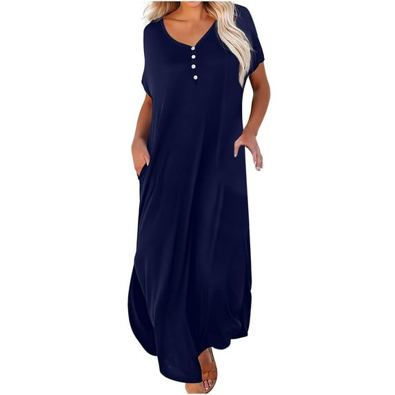 Summer Saving Wycnly Dresses for Women 2024 Button Down Loose Pocket Side Slit Swing Beach Maxi Dresses Short Sleeve V-Neck Solid Summer Long Casual Dress Navy XL Clearance Clothes