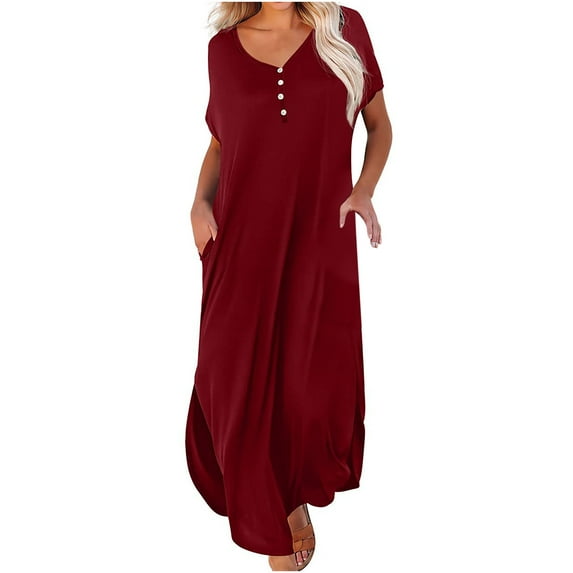 Summer Saving Wycnly Dresses for Women 2024 Button Down Loose Pocket Side Slit Swing Beach Maxi Dresses Short Sleeve V-Neck Solid Summer Long Casual Dress Wine S Clearance Clothes