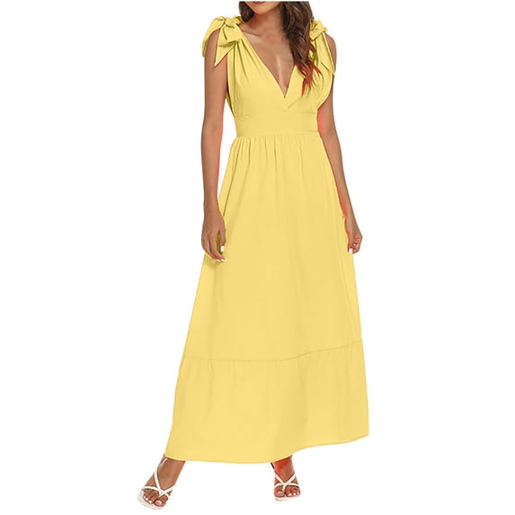 Summer Saving Wycnly Dresses for Women 2024 Summer Casual Empire Waist Tie Strap Loose Swing Maxi Sundress Solid Sleeveless V-Neck Long Formal Dresses for Women Yellow XXXXXL