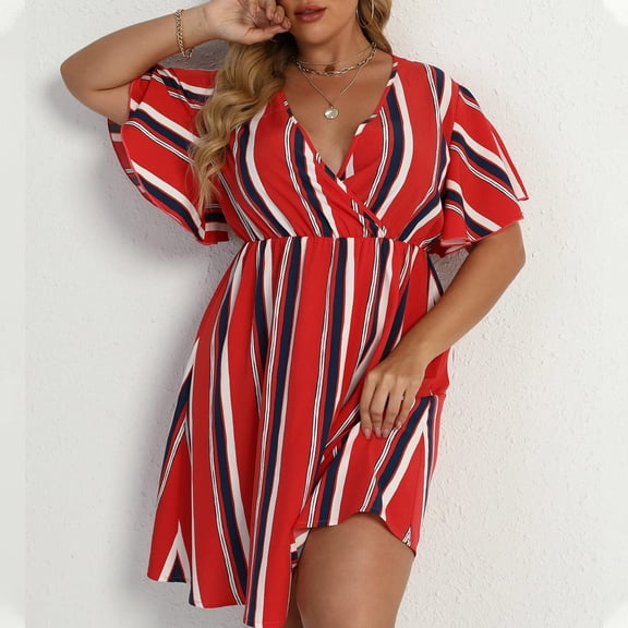 Summer Saving Wycnly Dresses for Women 2024 Casual High Waist Swing Hem Plus Size Short Dresses Short Sleeve V-Neck Striped Print Summer Mini Sun Dress Wine XXXXL Clothes