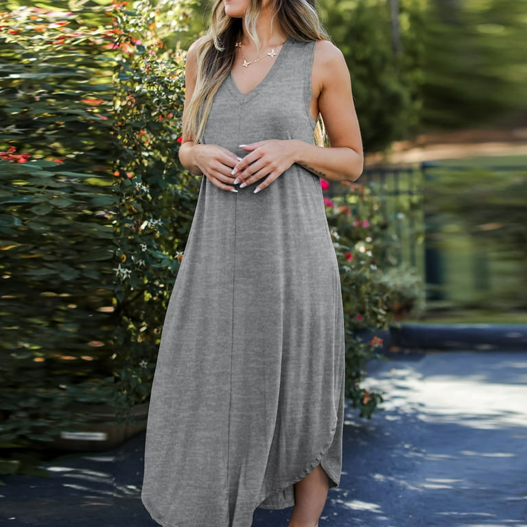 Summer Saving Wycnly Dresses for Women 2024 Casual Loose Irregular Plus  Size Tank Dresses Sleeveless V-Neck Solid Summer Maxi Sun Dress Gray S