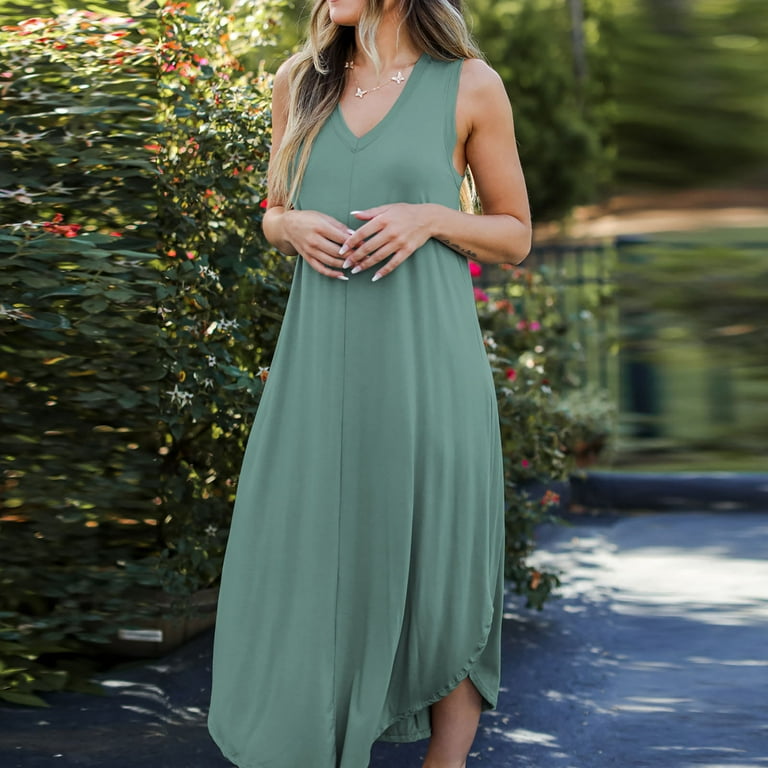 Summer Saving Wycnly Dresses for Women 2024 Casual Loose Irregular Plus  Size Tank Dresses Sleeveless V-Neck Solid Summer Maxi Sun Dress Green L Up  to