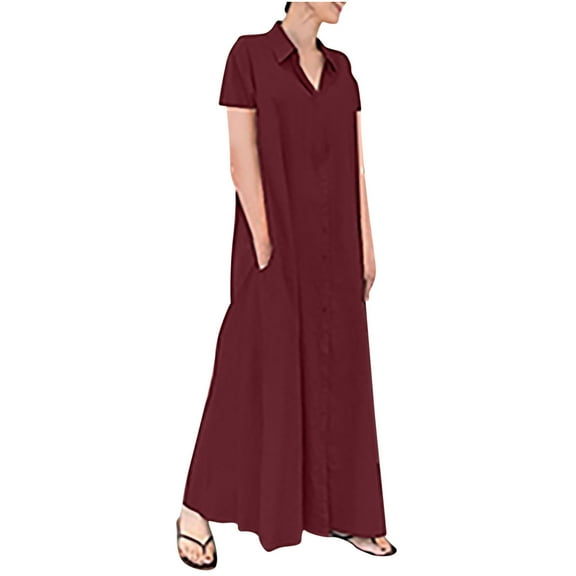 Summer Saving Wycnly Dresses for Women 2024 Casual Plus Size Loose Button Down Cotton Linen Shirt Long Dresses with Pockets Solid Short Sleeve Lapel Maxi Formal Dresses for Women Wine XL