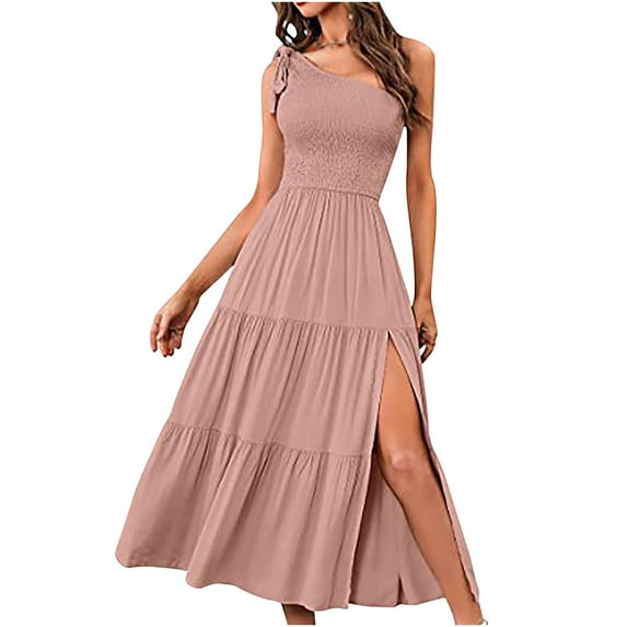 Summer Saving Wycnly Dresses for Women 2024 Elastic Waist Smocked Swing Slit One Shoulder Dresses Sleeveless Slash Neck Solid Summer Maxi Sun Dress Pink L Clearance Clothes